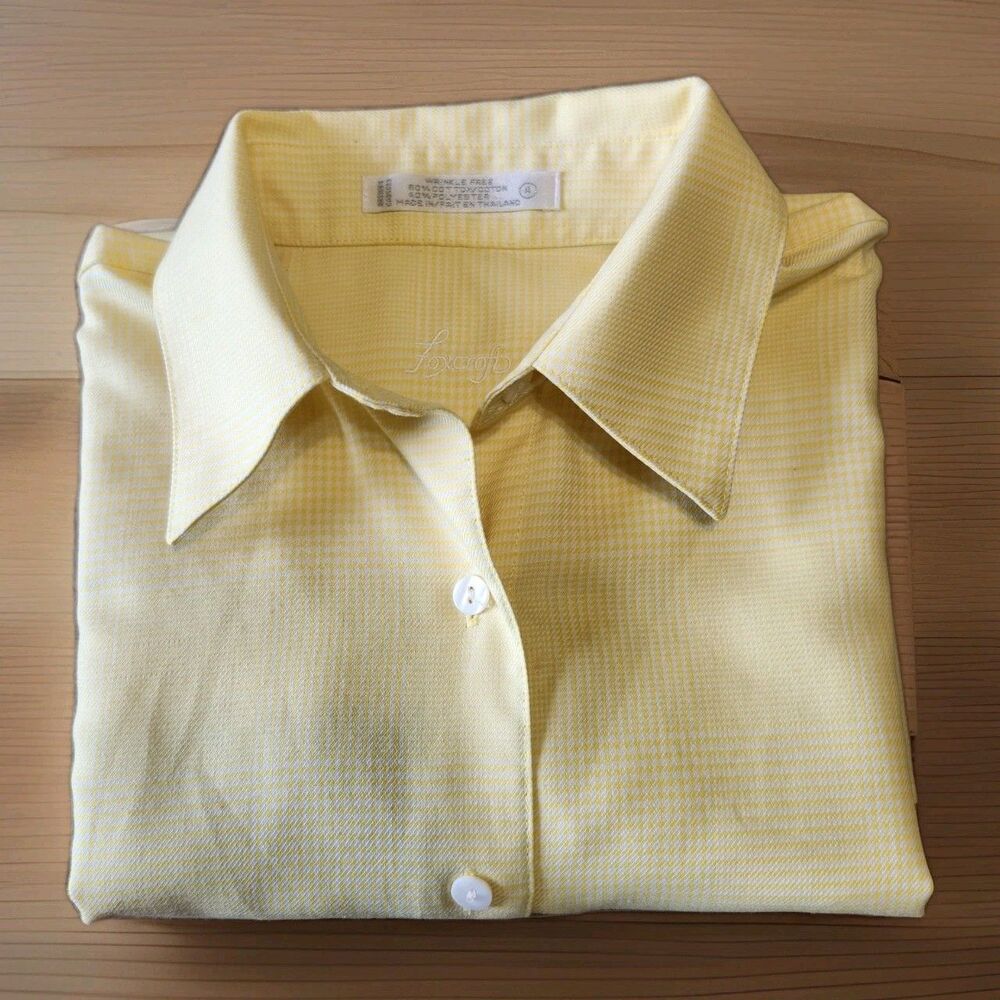 Foxcroft Wrinkle Free Yellow White Houndstooth Long Sleeve Button Up Shirt Sz 4